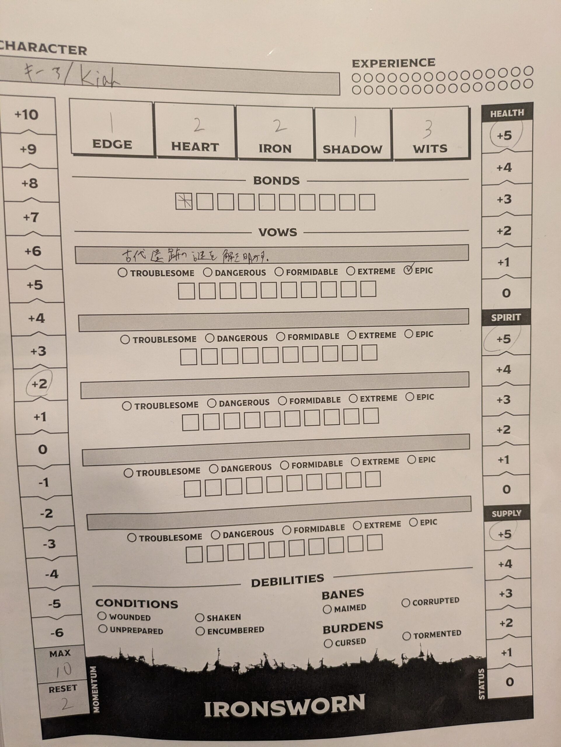 Ironsworn,Charactersheet, actual play journal