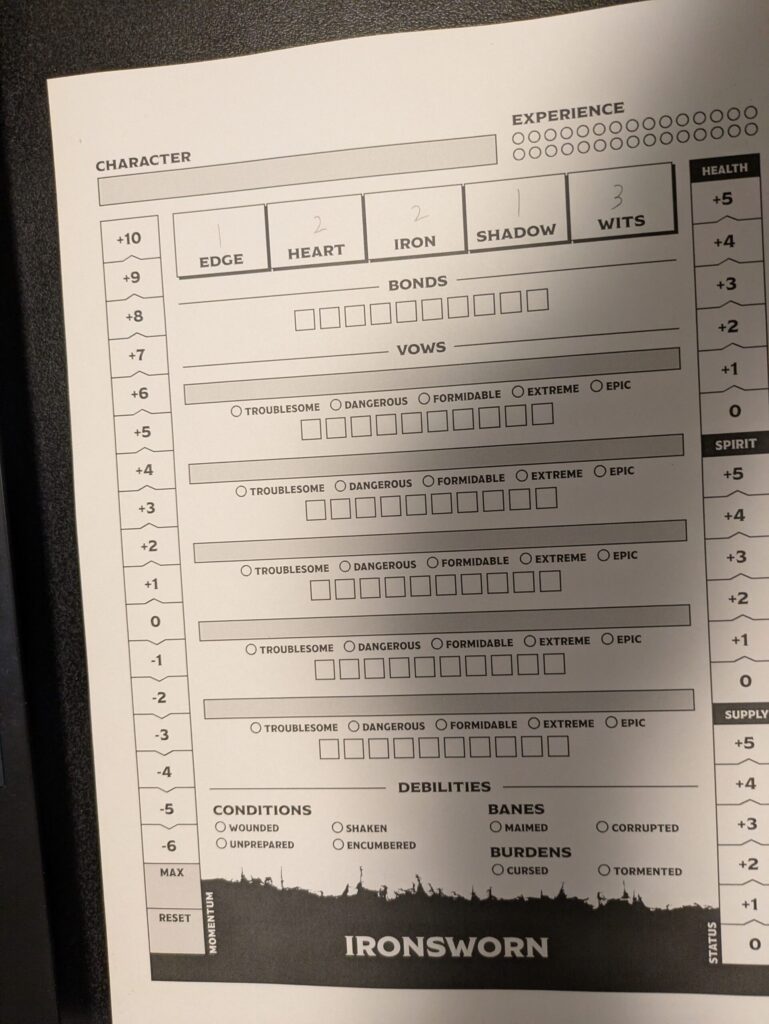 Ironsworn, character sheet, stats