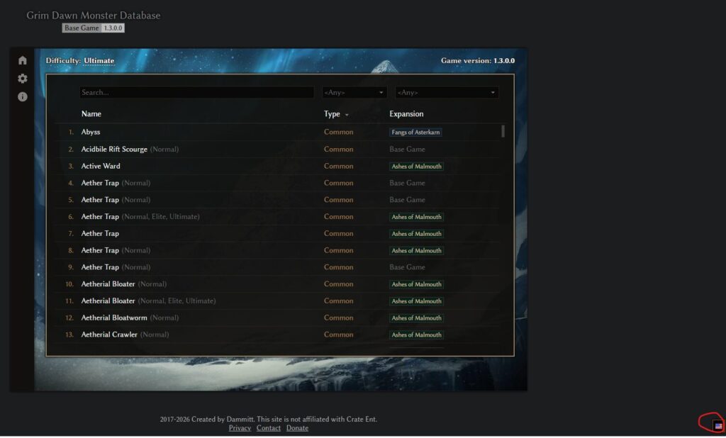 Grim Dawn Tools Monster Database guide