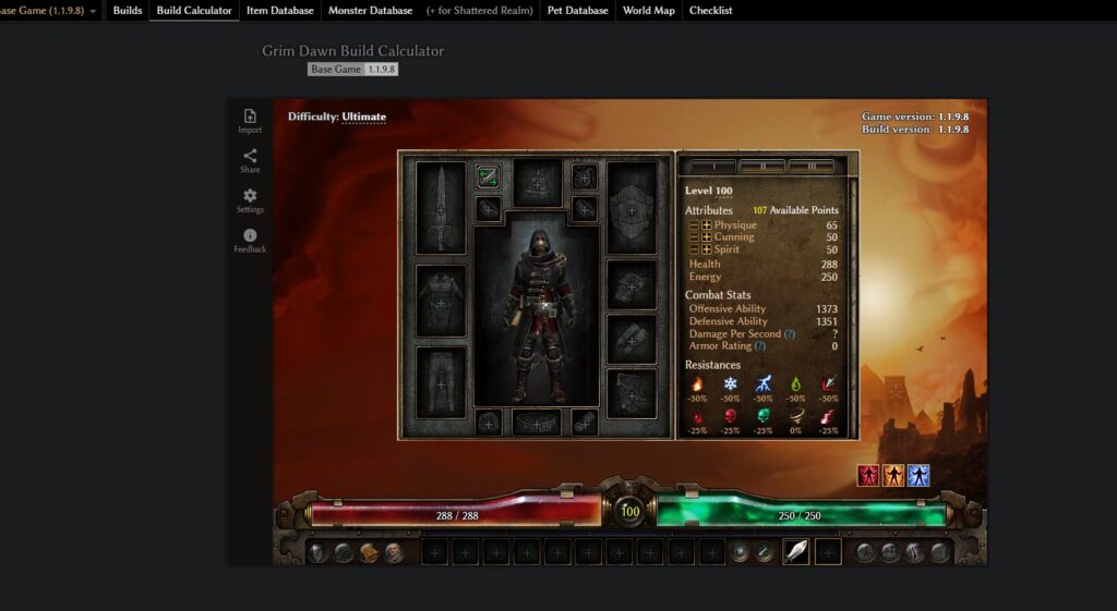 Grim Dawn Tools, 使い方, Build Calculator