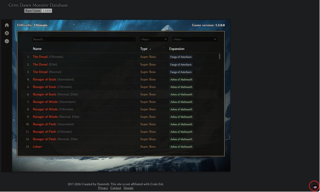 Grim Dawn Tools, Monster Database, 使い方