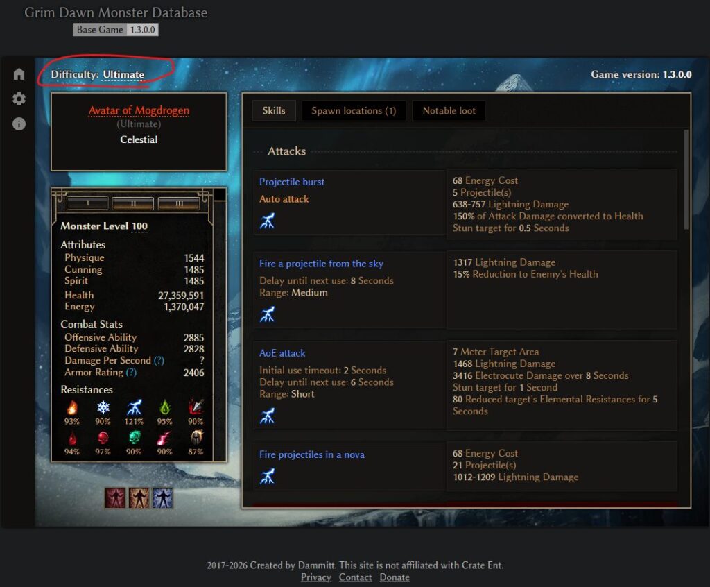 Grim Dawn Tools Monster Database guide