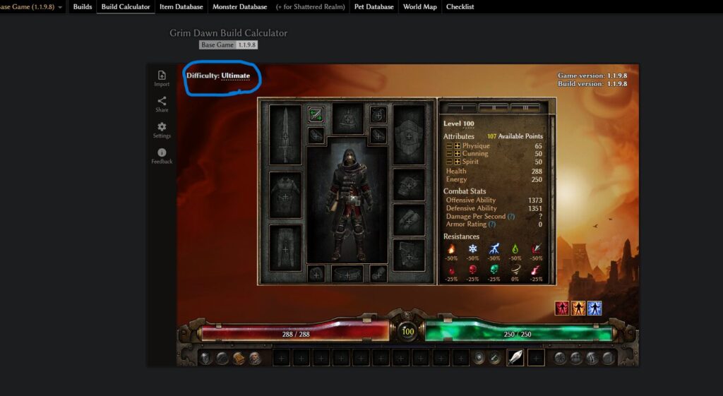 Grim Dawn Tools, 使い方, Build Calculator