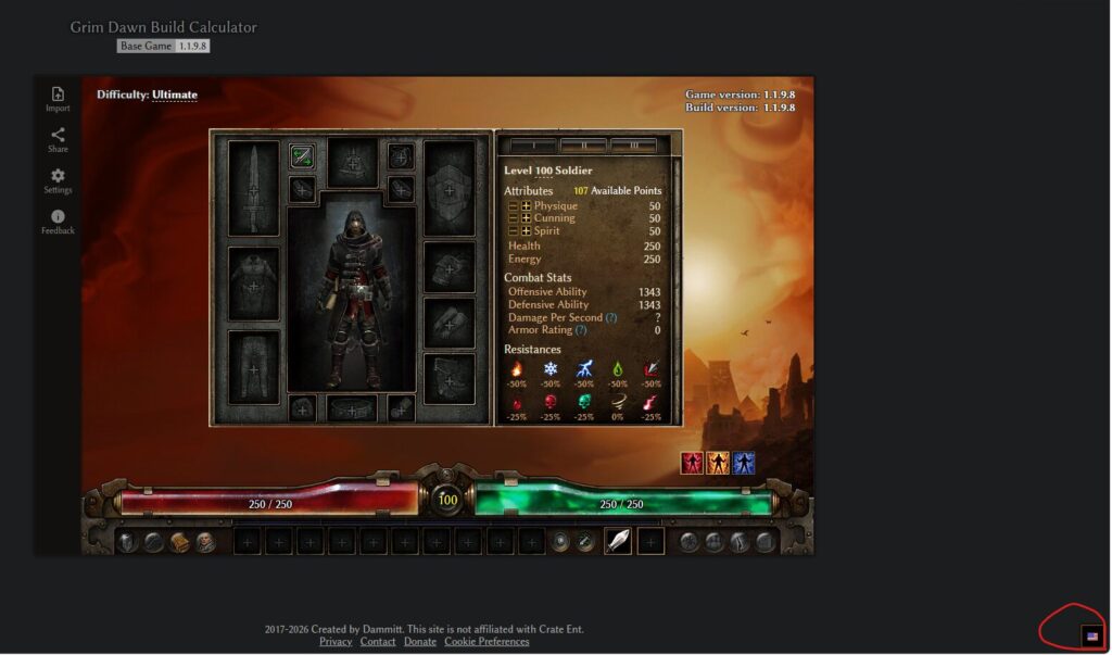 Grim Dawn Tools, 日本語、使い方, Build Calculator