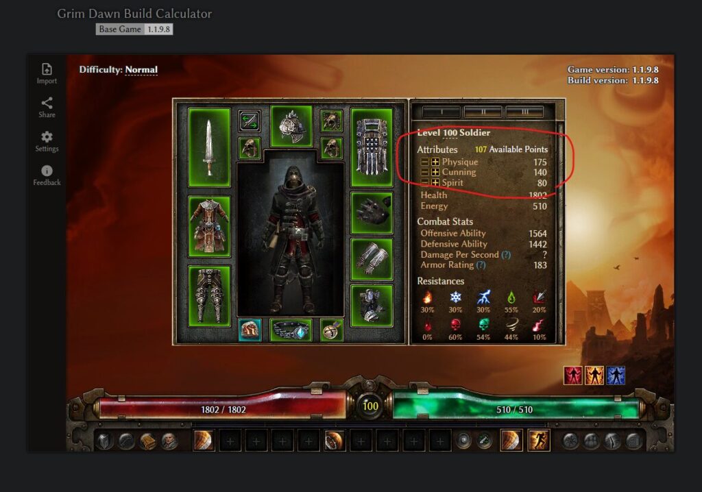 Grim Dawn Tools, 使い方, Build Calculator